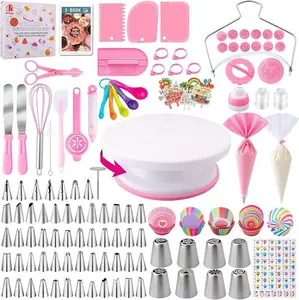 Baking Beginners Special 356-Piece Cake Decorating Tools Kit with Revolving Turntable, Piping Bag, Icing Tips, Fondant Molds, Spatula, Scraper, Food-Grade Safe Full Baking Set