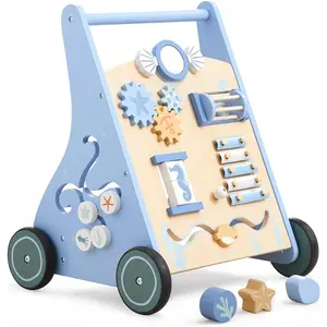 Beright Wooden Baby Walker Push and Pull Learning Activity Walker with Wheels Montessori Walker Toy Multiple Activities Center Develops Motor Skills & Stimulates Creativity (Blue)