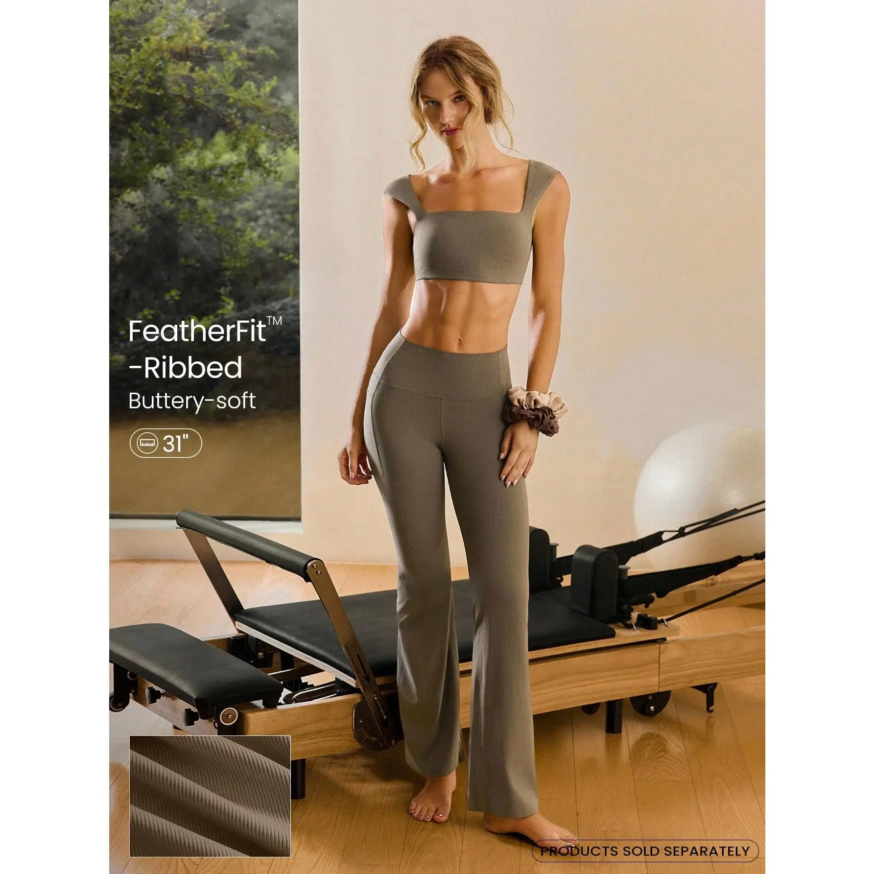 GLOWMODE 31" FeatherFit™-Ribbed No Front Seam Ultra-High Waist Leggings With Side Pockets Low Impact Yoga Pilates Studio Daily Casual Wear