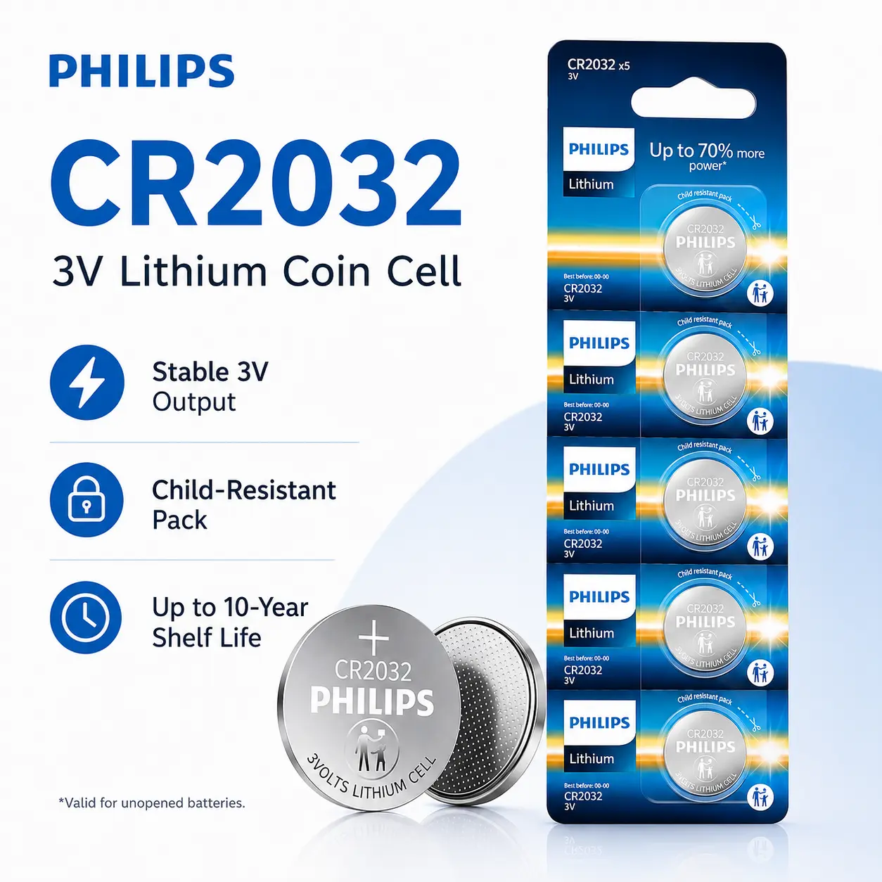 Philips CR2032 3V Lithium Coin Cell Battery - Long-Lasting, Leak-Proof, Child-Resistant Packaging, Up to 10-Year Shelf Life, High Capacity for Car Key Fob Remote, Computer Motherboard CMOS, Watch