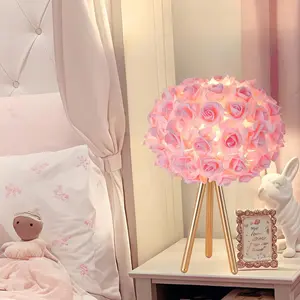 Pink Rose Flower Lamp Cute Table Lamp Bedside Lamp Nighstand Light for Girl Gold Tripod for Bedroom Living Room Office Wedding Decoration Gift