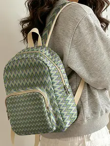 1 piece of blue-green zigzag pattern 2D printed ladies' backpack, velvet texture + layered storage + light weight reduction | perfect for students going to class/shopping/short trips | combining atmosphere and practicality