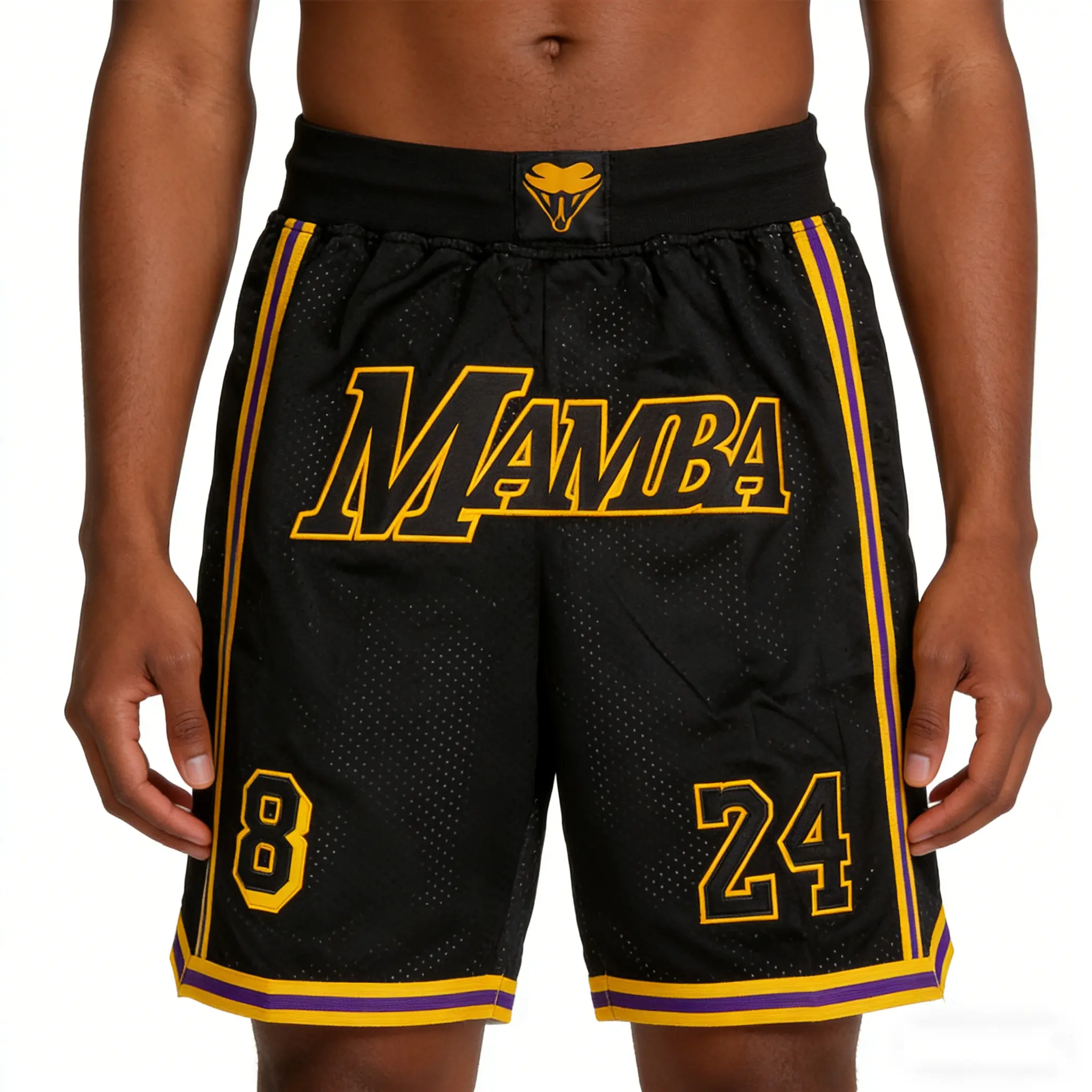 MAMBA Basketball Shorts for Summer 2026, with large embroidered lettering, four pockets, breathable mesh fabric, vintage style, suitable for sports, outdoor activities, and beach wear, available in plus sizes. Commemorative Edition, Black