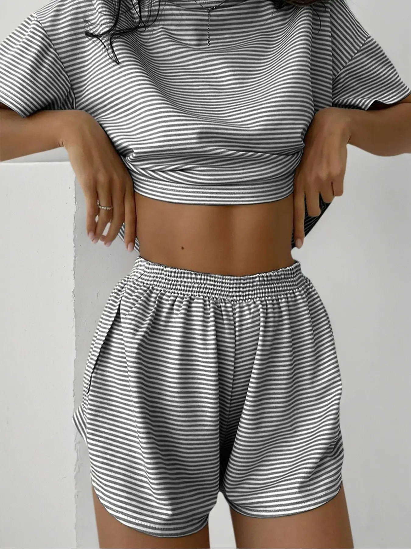 2-Piece Set Striped Casual Loose Baggy Knit Long Sleeve Top & Side Split Shorts, Halloween Cartoon Cute Design, All Seasons Wear, Womenswear, co-ord sets for women, loungewear set, Pj sets for women, Everyday, Outfit, Matching