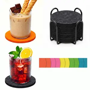 10pcs Felt Coaster with Metal Holder - Absorbent, Heat-Resistant, Durable Felt Material, Black and vibrant colors