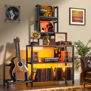 58" Tall Record Player Stand with LED Lights and Guitar Stand, 3-Tier Record Player Table with Vinyl Holder Display Shelf, Turntable Stand Record Player Cabinet Organizer Rack