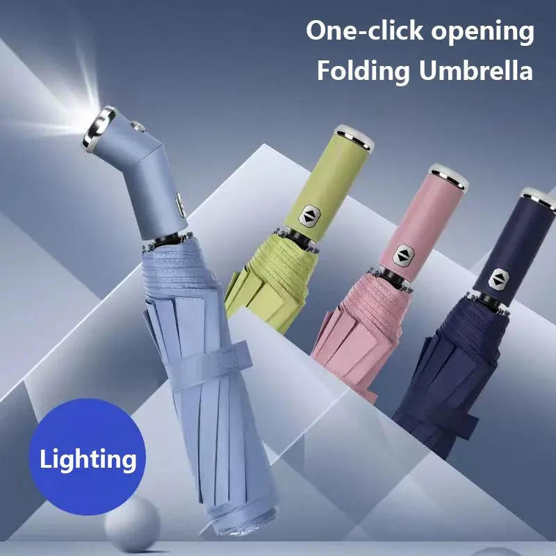 Brella-Lite Ultimate All-Weather Anti-UV/UVB Outdoor Umbrella with LED Flashlight Combo - 108×63cm Canopy, UPF50+ Broad Spectrum UV Protection, 180° Adjustable LED, 10-Rib Plastic Frame, Auto-Open/Auto-Close, Rainproof, 3-Fold Portable Lightweight, Outdoo