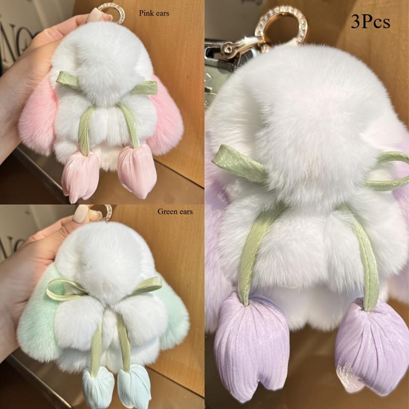 Easter/Mother's Day Cute Decoration 3pcs Random Color Exquisite Plush Rabbit Ornaments: Playful Rabbit Ears, Soft Tulip, Create Fashionable and Personal Key Accessories, Suitable for Valentine's Day, Birthday Gifts double teeth high quality elegant ice