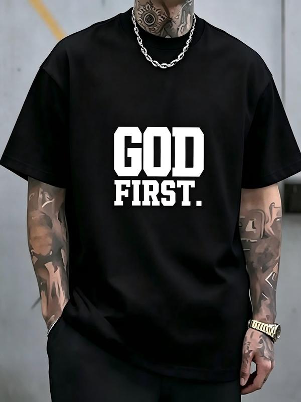 Men's Loose-Fitting Black Crew Neck Short-Sleeve Christian Tee - Bold Print Religious Message, Street Casual, Cold Wash Only, Do Not Dry Clean Faith-Focused Top
