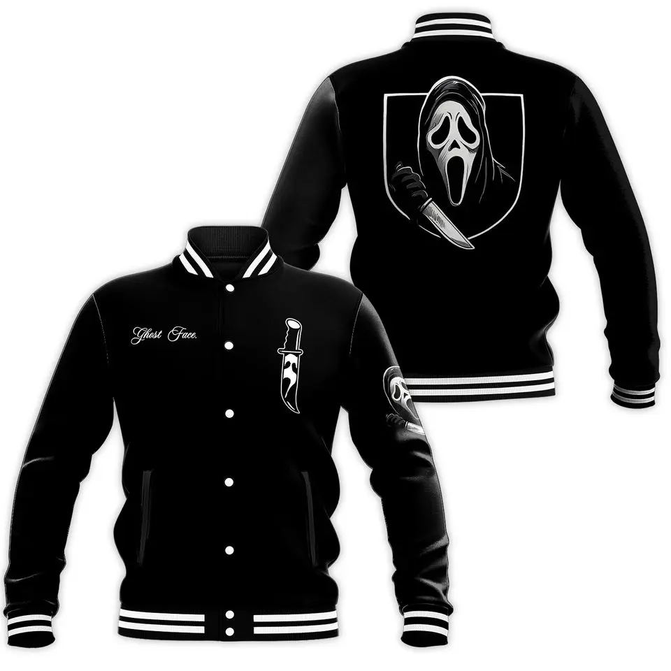 Horror Ghost Face Varsity Jacket, Varsity Style Baseball Jacket, Casual Sport Coat, Baseball Style Jacket, Varsity Sportwear