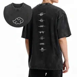 Men's Naruto Akatsuki Clan Logo Retro Washed Cotton Graphic T-Shirt - High-Quality Vintage Oversize Heavyweight Short-Sleeve Round Neck Menswear Streetwear Top, Gift for Naruto Fans Menswear Top Tshirt Tropical Crewneck Oversized Casual