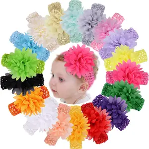 Girl Baby Headbands with Chiffon Lotus Flower Elastic Crochet Hair Bands Ankle Wrist Flower Hat Decoration (Band: 1.6"*5.5", with Chiffon Flowe, 18 colors, 1 pcs per color)