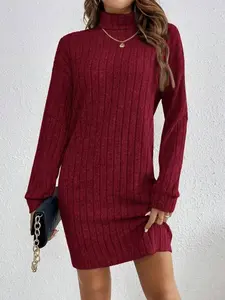 Women's Autumn & Winter Daily Plain High Neck Long Sleeve Dress Home Work Outdoor City Regular Trend Casual Elegant Youth Simple Versatile Texture Temperament Natural Literary Art