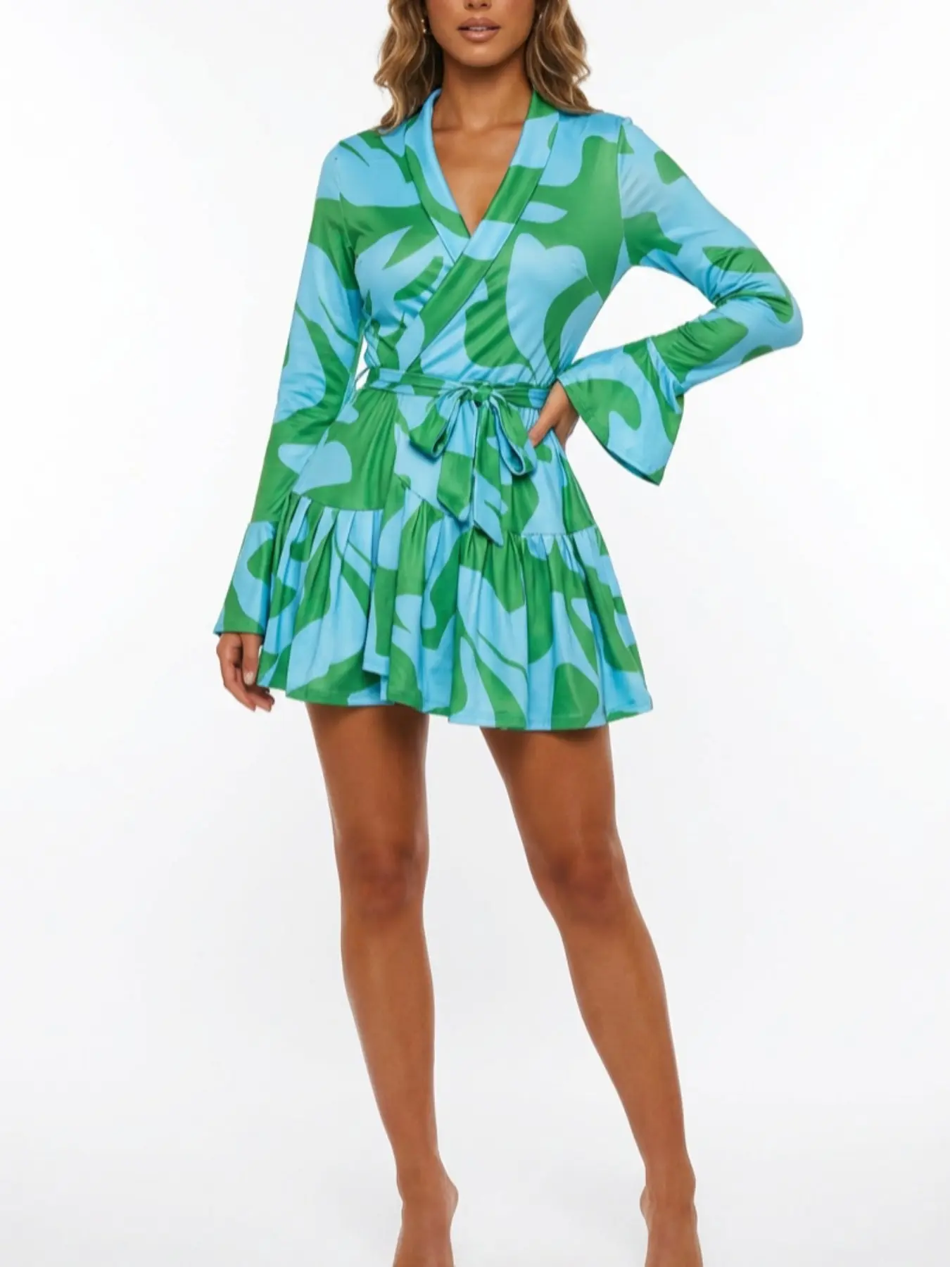 2026 Sexy Women's Abstract Print V-Neck Wrap Fitted Dress with Tie Waist & Ruffle Hem 2026 Sexy Women's Abstract Print V-Neck Wrap Fitted Dress with Tie Waist & Ruffle Hem