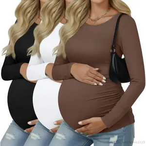3 Pack Women's Maternity Shirts, Long Sleeve Side Ruched Pregnancy Tee Tops Crew Neck Casual Mama Clothes Basic TunicXXSilentSerenity3