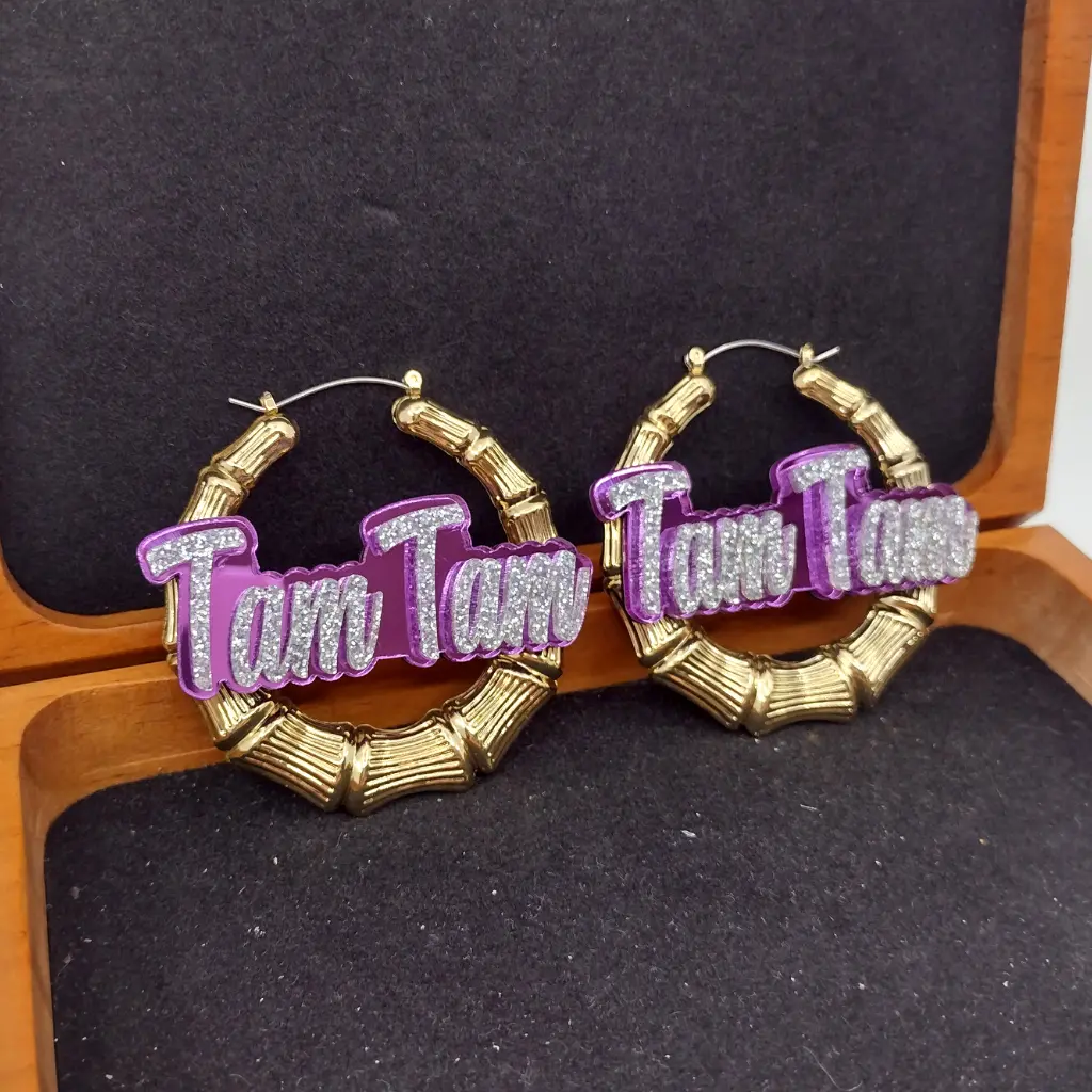 Custom Name and Background Gold Bamboo Hoop Earrings