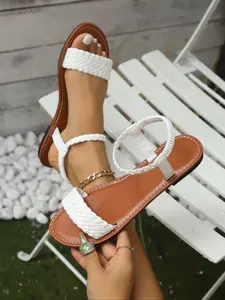 Women's Fashion Summer New Solid Color Woven Strap Sandals, Casual Style Daily Wear Flat Shoes, Outdoor Comfortable Footwear, Lightweight Sandals