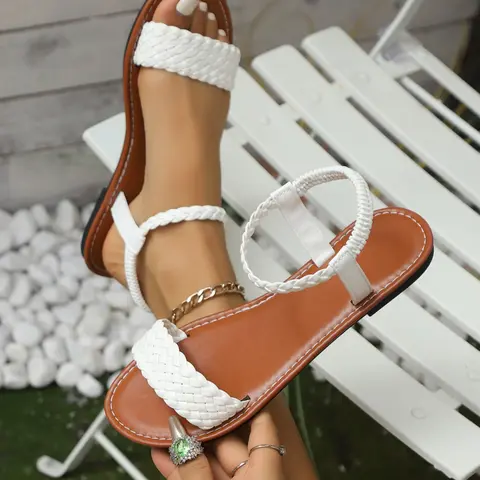 Women's Fashion Summer New Solid Color Woven Strap Sandals, Casual Style Daily Wear Flat Shoes, Outdoor Comfortable Footwear, Lightweight Sandals, Casual Trendy Sandals, Flat sole sandals, Plain Sandals