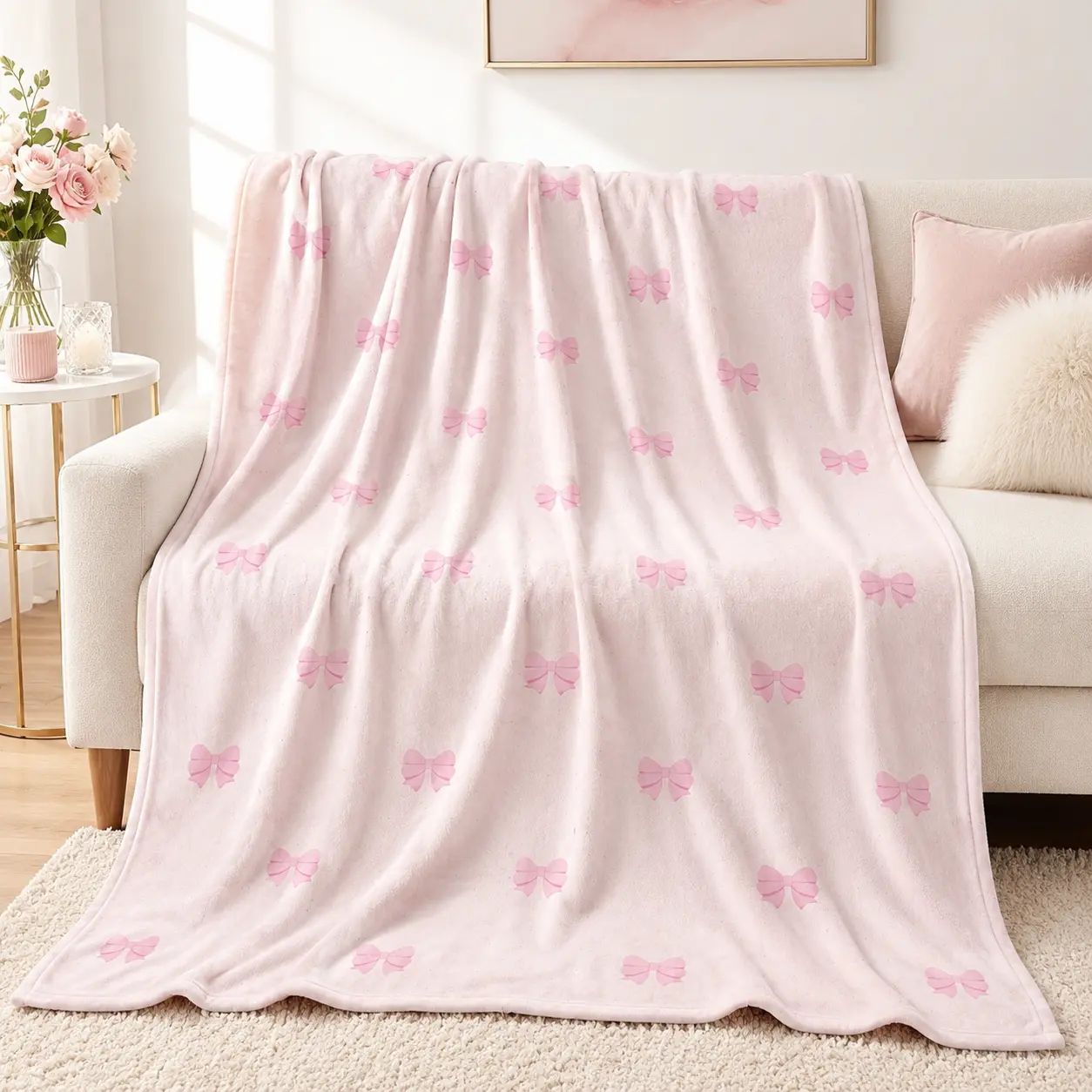 Pastel Light Pink Bow Print Coquette Flannel Blanket - Soft, Cozy, Fuzzy Plush Throw for Women, Cute Girly Aesthetic Warm Home Decor, Ideal Birthday Gift for Dorm Bedroom Sofa