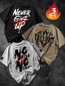 3-Pack Plus Size Men's T-Shirts, Soul Pattern Print, Polyester Material, Casual Street Style, Loose Fit Round Neck Short Sleeve