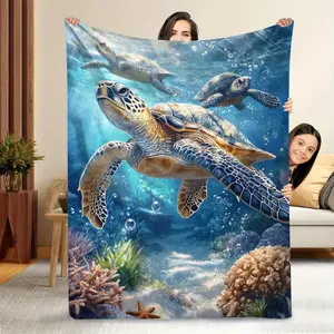 Sea Turtle Underwater Print Flannel Throw Blanket, Soft Cozy All-Season Digital Printed Knitted Polyester Lodge Style For Occasions - Ocean Theme Lightweight Bedding Accessory