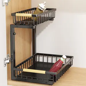 OUTGOODS Height Adjustable 2-Tier Pull-Out Under basin Organizer – Carbon Steel Storage Shelf with Sliding Drawer, 4 Non-Slip Suction Cups, Fits Cabinets 16.5-19.2 Inches, for Kitchen & Bathroom