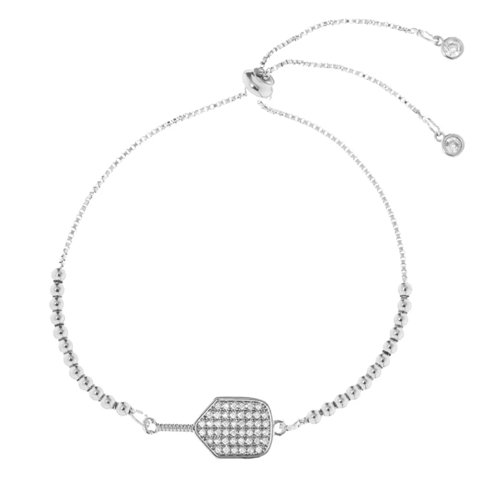 Beaded Pickleball Rhinestone Bracelet - Silver