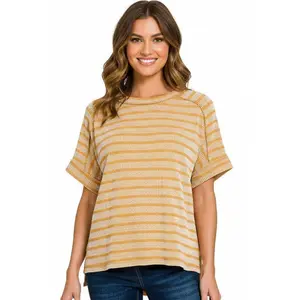 Zenana Stripe Pattern Ribbed Short Sleeve Top