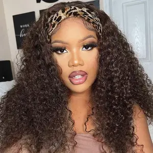 #4 Chocolate Brown Deep Curly Headband Wig Human Hair No Gel None Lace Front Wigs Full Machine Made Wigs Glueless Curly Hair Headband Wig 180% Density Wear and Go Glueless Human Hair Curly Wigs for Black Women