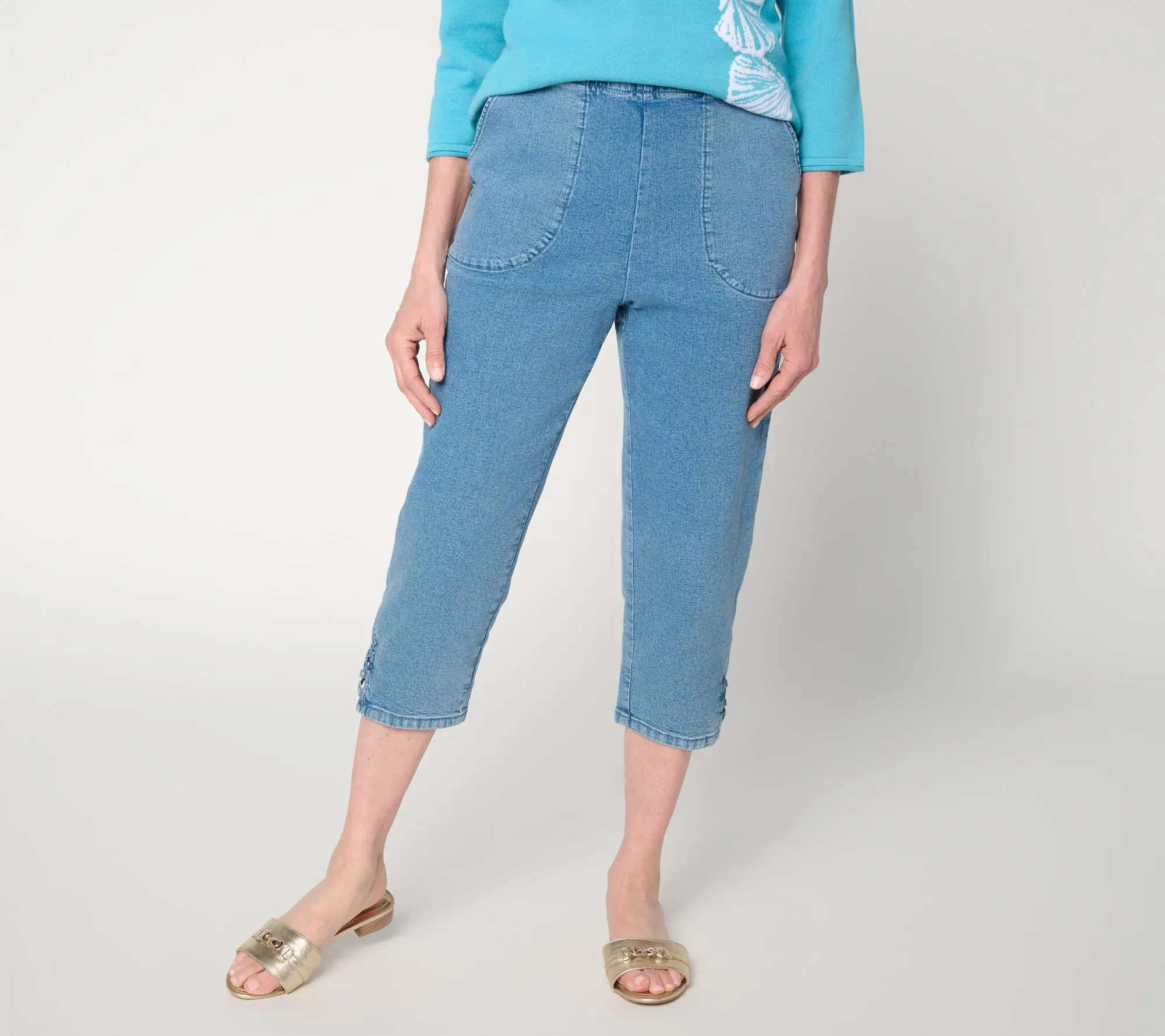 Denim & Co. Petite Indigo Flat Front Capris Pants w/ Lattice Hem