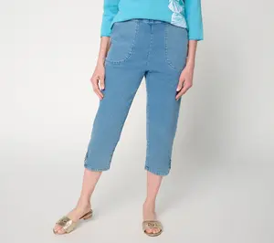 Denim & Co. Petite Indigo Flat Front Capris Pants w/ Lattice Hem