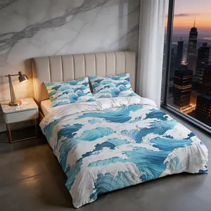 2/3 Pieces Ocean Wave Ukiyo-e HD Digital Print Duvet Cover Set, Soft, Breathable & Lightweight Bedding, Zipper Design, Fade Resistant, Coastal Style Home Bedroom Decor Bedding Essentials for Bedroom & Guest Room(No Insert)