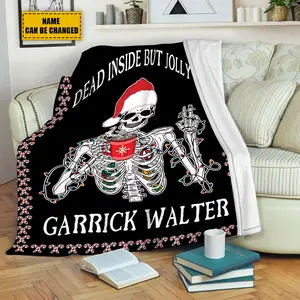 Petthouse | Personalized Christmas Skeleton Blanket Dead Inside But Jolly Af Skull Drinking Coffee Blanket