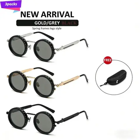 Men's 3pc Polarized Round Styling Sunglasses - ND9 Adjustable Dimming, UV400 Protection, Cool Polarized Lens, Durable Retro Punk Sports Eyewear, Fashionable Multifunctional Outdoor Shades for Bass Fishing