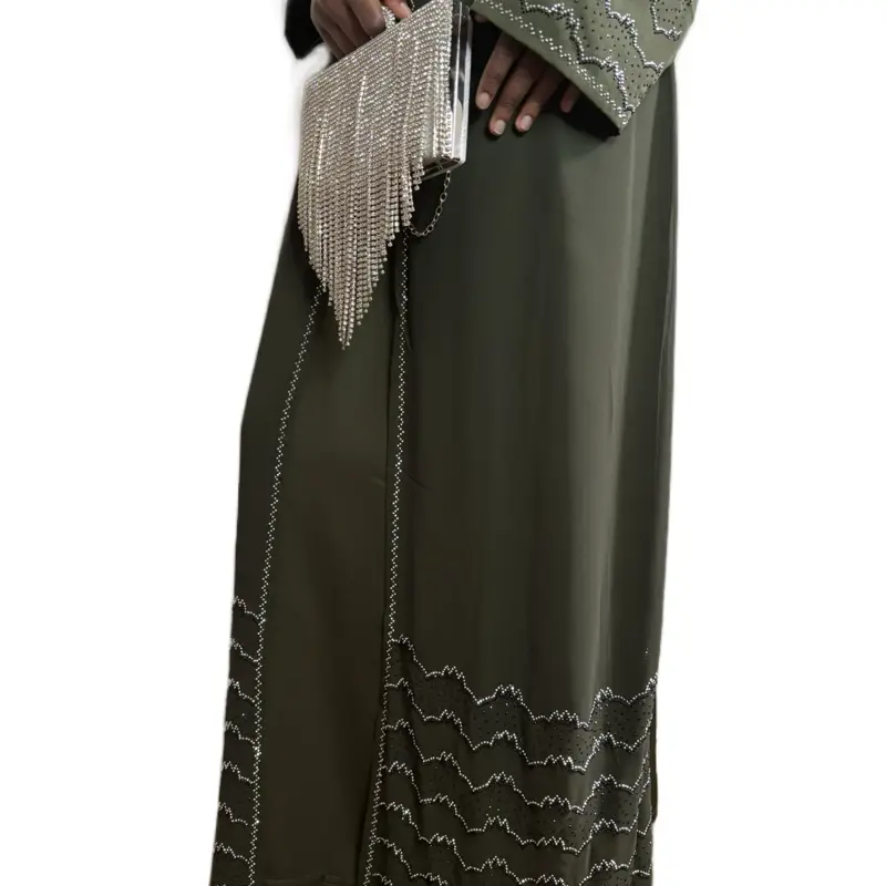 Olive Green Rhinestone Abaya | Luxury Modest Abaya with Wave Detailing | Evening Occasion Dress | Eid, Nikah, Party Look