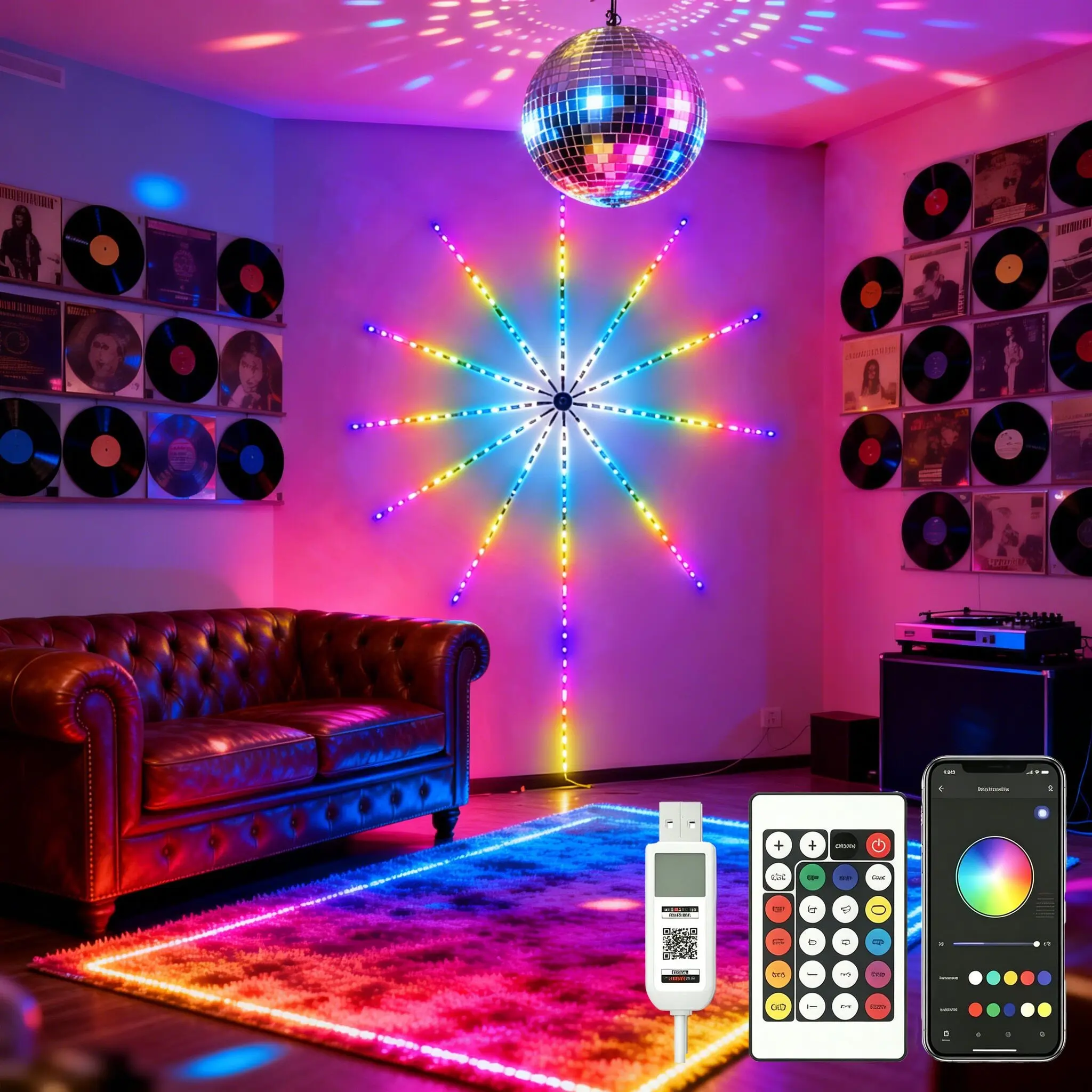 1Pc LED Color Changing Fireworks Light,Ambient Lighting, Gradient Lighting,Led Mood Lighting,Led Home Decor,Smart LED Strips,RGB Color-changing LED Strips with Music Synchronization,Supporting APP and Remote Control,Suitable for Parties,Christmas