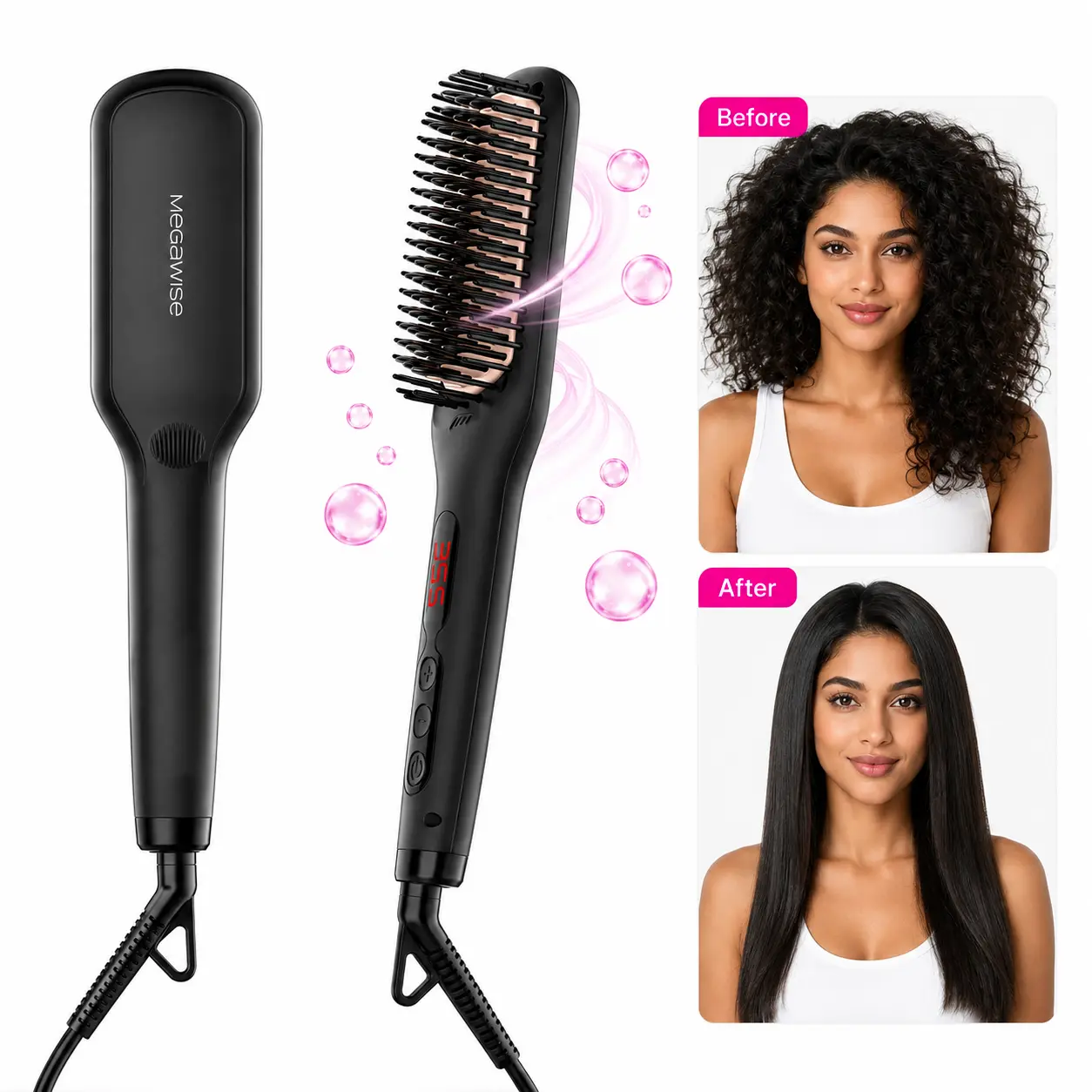 MEGAWISE Pro Ceramic Ionic Hair Straightener Brush, 20s Fast Heating Straightening Brush for Women, Heated Hair Brush for Thick & Frizzy Hair, Auto Shut-Off, Dual Voltage, Black sohochic sohochic