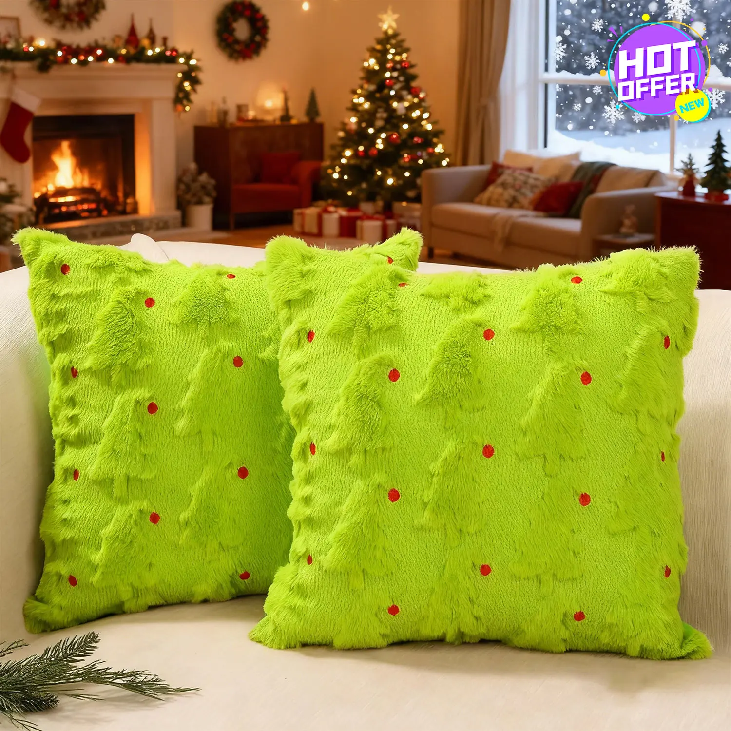 2-Pack Christmas Pillow Covers, 18x18 in Green Xmas Tree-Red Ball Soft Plush Faux Fur Jacquard Cushion Cases for Winter Sofa Farmhouse Home Holiday Decor