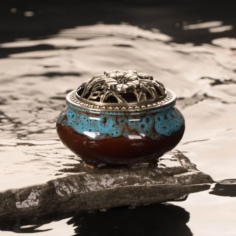 Ceramic Incense Burner for Sandalwood & Coil Incense Retro Alloy Lid Ice Crack Kiln Glaze Small Aromatherapy Furnishing Ornament Censer holder Ceramic Incense Burner for Sandalwood & Coil Incense Retro Alloy Lid Ice Crack Kiln Glaze Small Aromatherapy Furnishing Ornament Censer holder