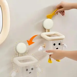 Cute Cartoon Wall-Mounted Adhesive Holder, Durable Plastic Storage Box, Ideal for Bathroom Accessories, Toothbrush & Toothpaste Organizer