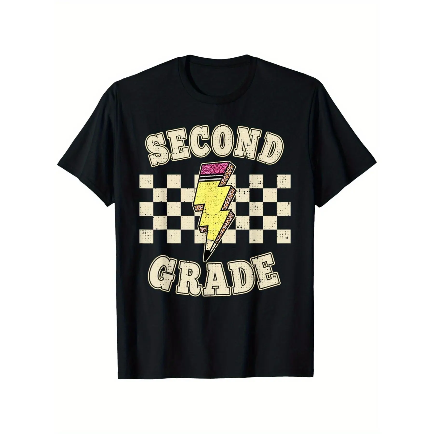 Boys' 2nd Grade T-Shirt - Checkered Pencil Print School Outfit, Short Sleeve Round Neck Top Suitable for First Day of School, Back to School Outfits, Machine Washable Kids Campus Uniform for Elementary Students(3Y-13Y)