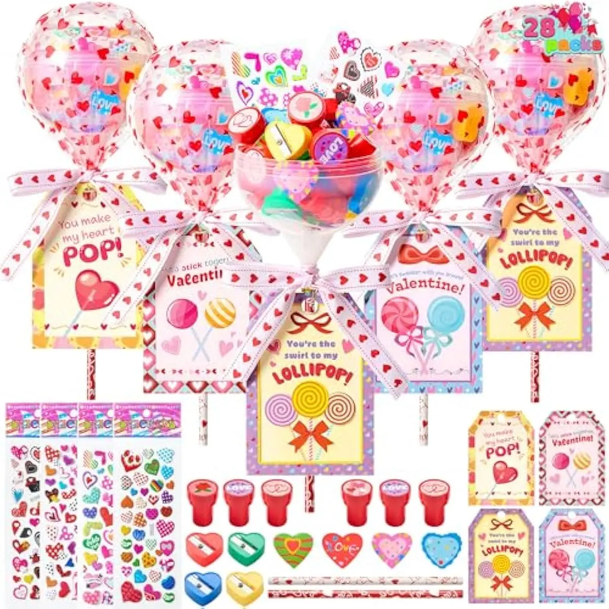 28 Packs Giant Valentine Lollipop Stationery Set with Cards, Valentine's Day Gifts for Kids School Classroom Exchange Prizes Gift Party Favors, Includes Pencils Erasers Stampers Sharpener Stickers