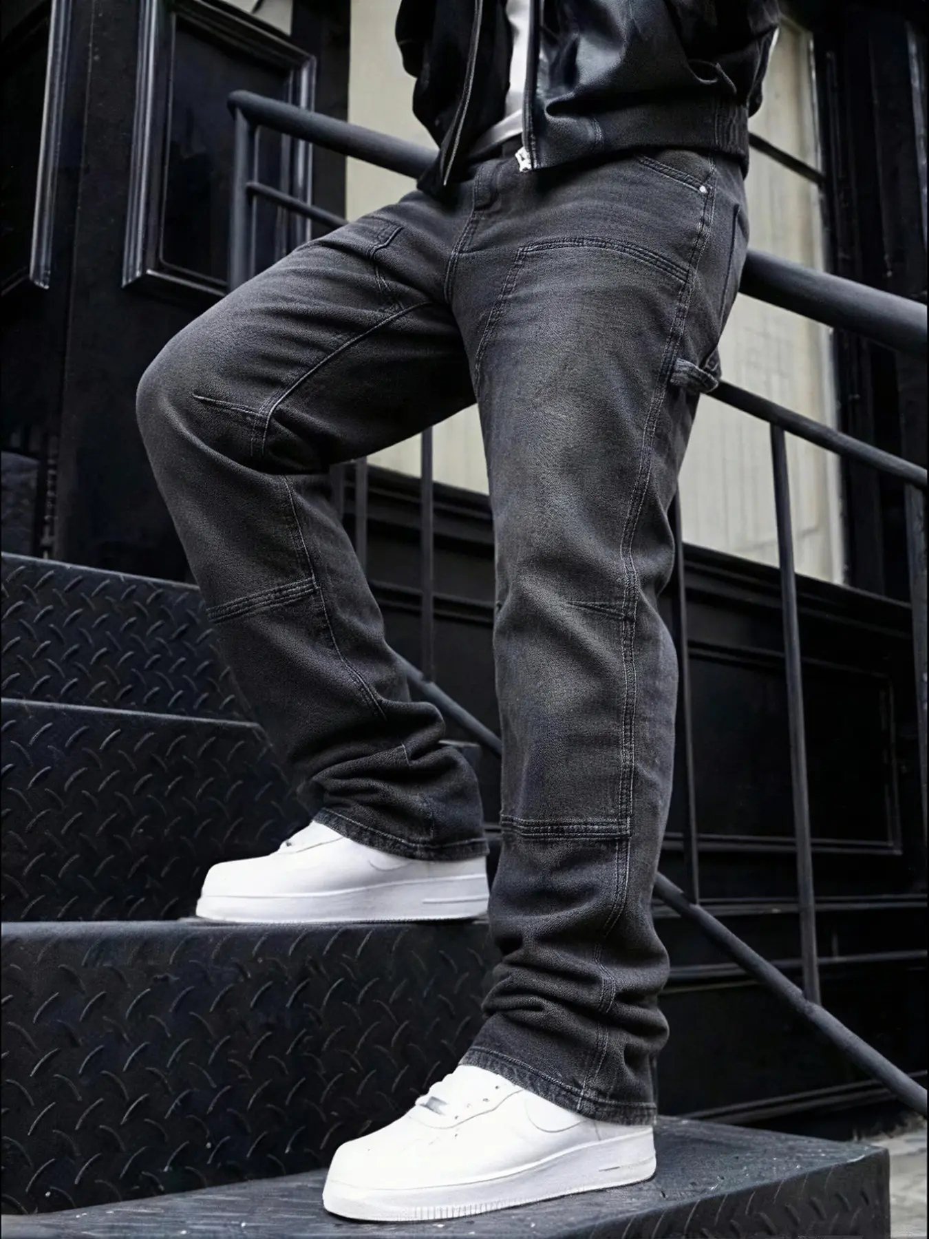 Men's Washed Pure Elastic Patchwork Slim Fit High Street Korean Style Jeans Pants, Streetwear, Casual Button Fly, All Seasons