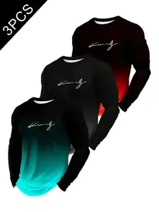 3-Pack Men's Long Sleeve T-Shirts, Gradient King Print, Regular Fit, Casual, All-Season Comfort, Round Neck, Soft Fabric