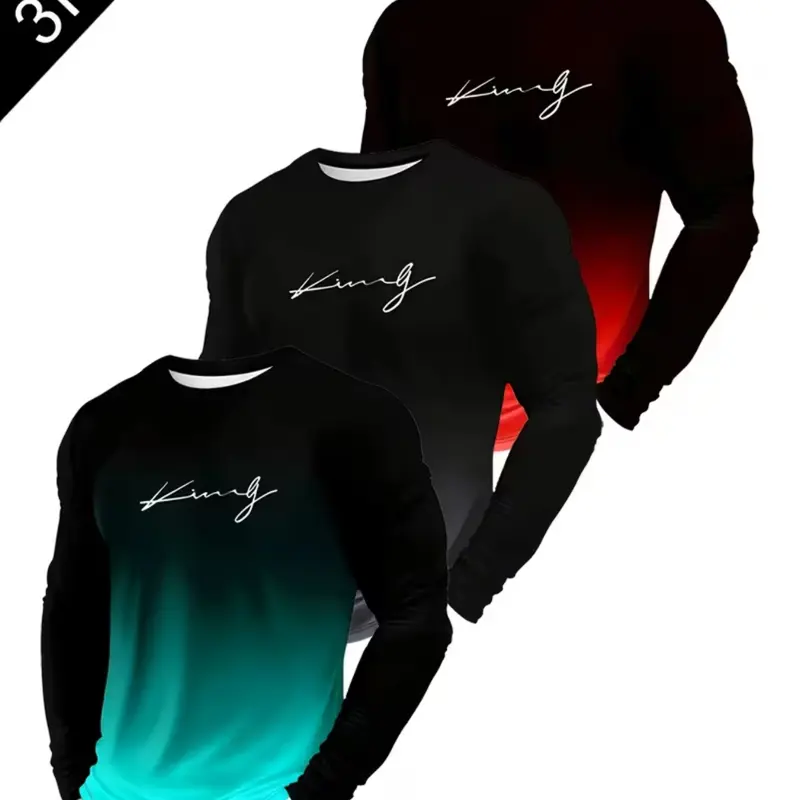 3-Pack Men's Long Sleeve T-Shirts, Gradient King Print, Cool Graphic Tee, Regular Fit, All-Season Comfort, Round Neck, Soft Fabric