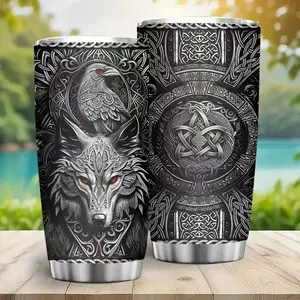 Easter Gift for Him 20oz Viking-Themed Stainless Steel Tumbler - Double-Wall Insulated Travel Mug with Wolf & Celtic Knot Design, Hot & Cold Beverage Cup - Perfect Gift for Men, Birthday, Christmas, Valentine's Day - Reusable, Hand Wash Only