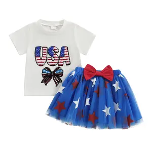4th Fourth of July Toddler Baby Girl Outfits Bow Letter Embroidery T Shirt Tulle Skirts Dress 6 12 18 24 Month 2T 3T 4T Girls