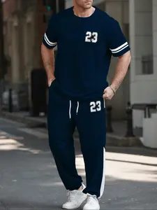 Men's Plus Size Two-Piece Set Outfit, Short Sleeve Solid Color Collared Shirt & Matching Pants, Comfortable Casual Wear for Daily Use