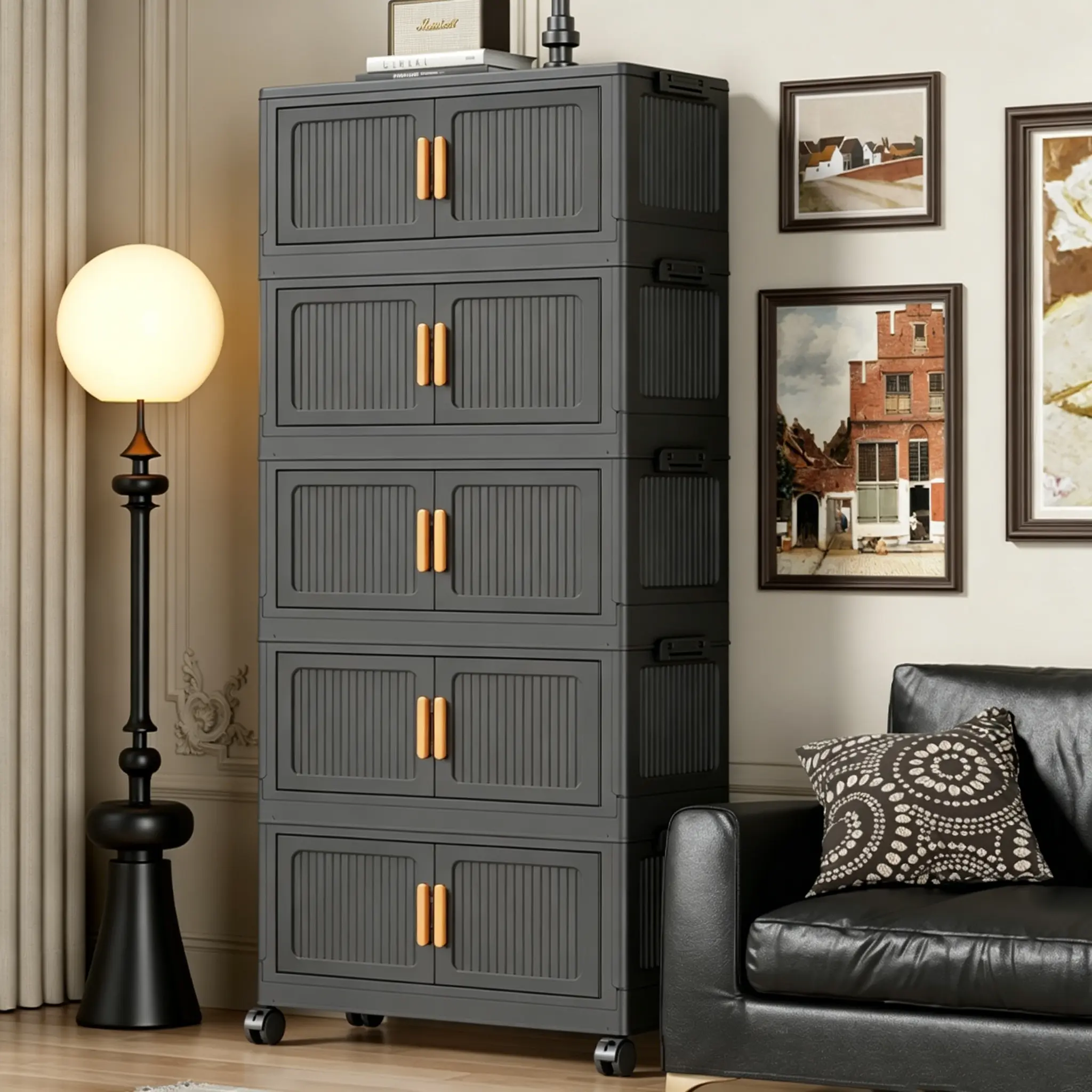 Collapsible Stackable Storage Bins with Lid & Front Doors, Mobile Plastic Closet Organizer Storage Cabinet with Rolling Wheels, Foldable Storage Containers, Multifunctional Organizers for Bedroom, Living Room, Closet, Office, Dorm