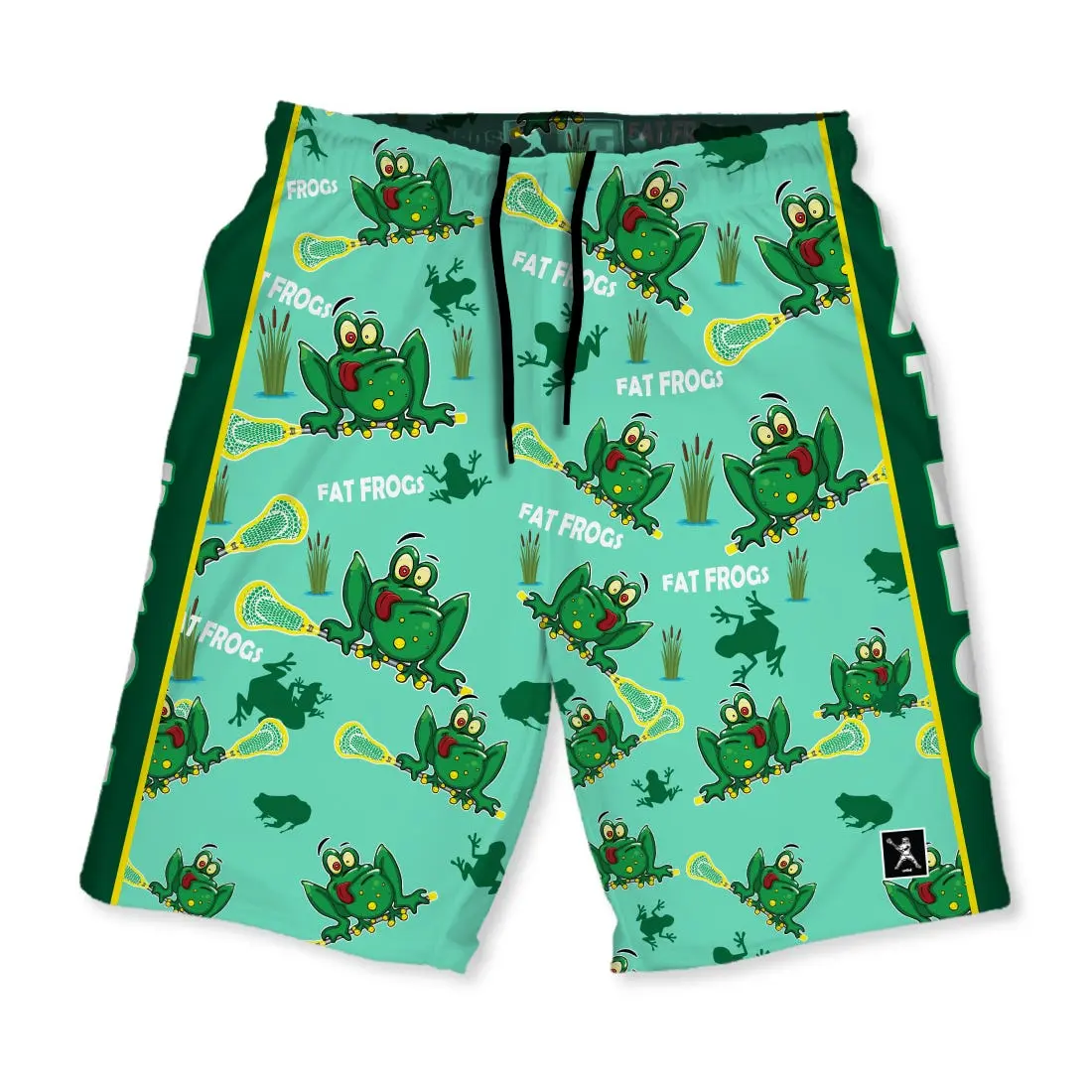 Youth & Adult Graphic Lacrosse Shorts, Fat Frogs Polyester Mesh with Pockets, Above-the-Knee Cut for School or On the Field (7" & 8.5" Inseam)